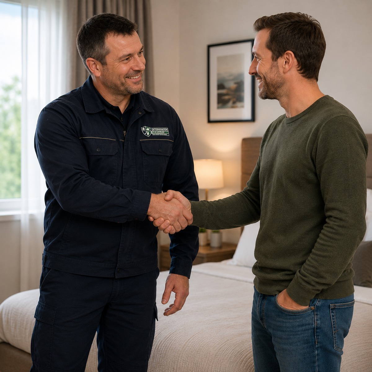 Le technicien Extermination Bernard salue un client satisfait